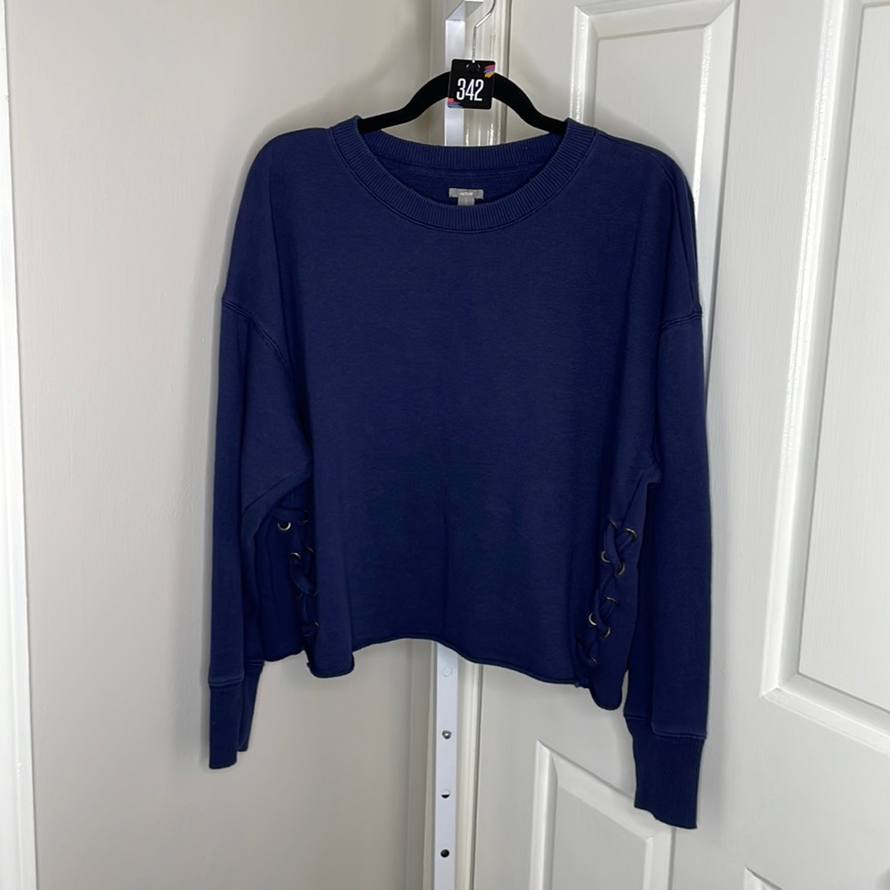 aerie Oversized Crew Neck Distressed Sweatshirt Navy Blue